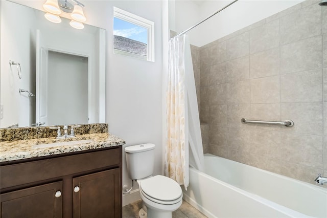 full bathroom with vanity, toilet, and shower / bathtub combination with curtain