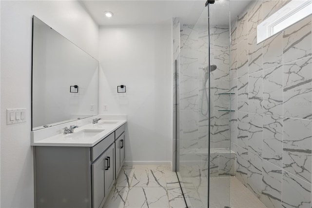 7793 Clove Hitch Way, Orlando, FL 32832 - full bathroom featuring double vanity, marble finish floor, a marble finish shower, and a sink