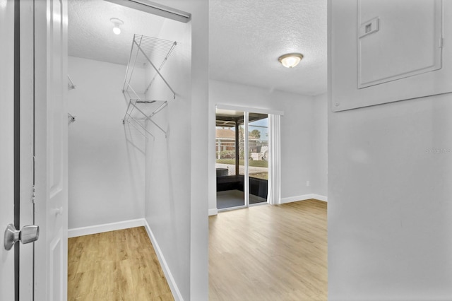 walk in closet with electric panel and light wood finished floors