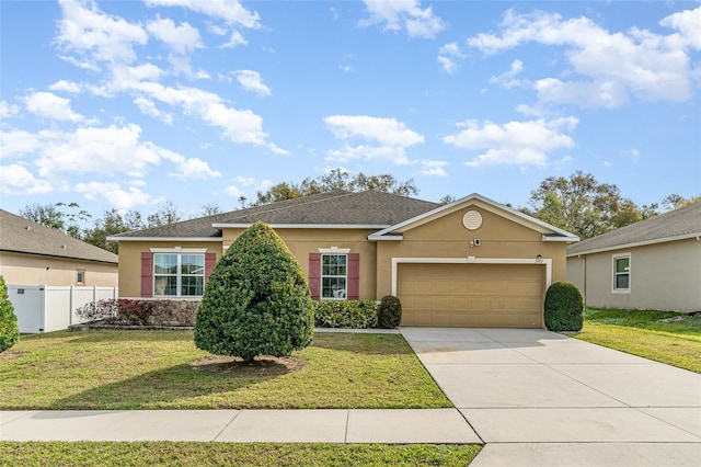 single story home with stucco siding, concrete driveway, an attached garage, a front yard, and fence