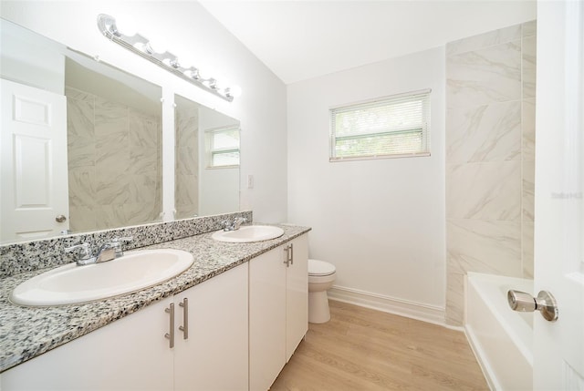 full bath with double vanity, wood finished floors, a sink, and toilet