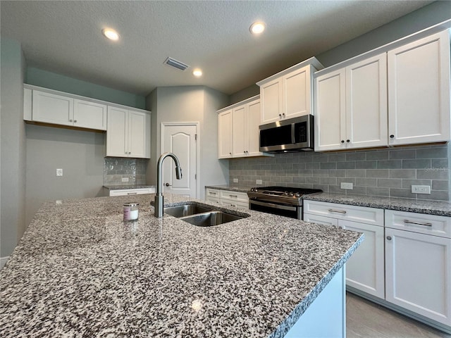 14552 Skipping Stone Loop, Parrish, FL 34219 - kitchen with appliances with stainless steel finishes, a sink, an island with sink, white cabinetry, and visible vents