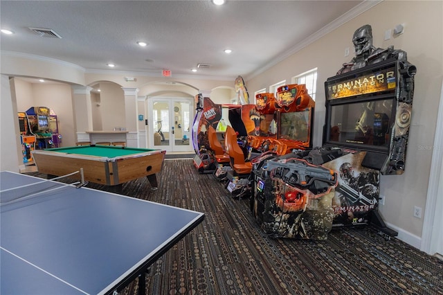 8204 Fan Palm Way, Kissimmee, FL 34747 - recreation room featuring carpet floors, ornate columns, arched walkways, ornamental molding, and recessed lighting