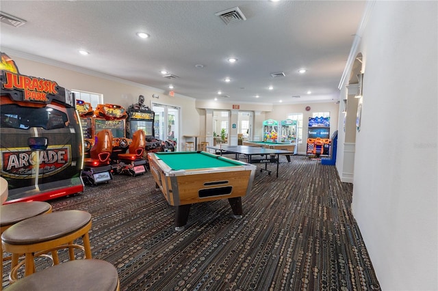 8204 Fan Palm Way, Kissimmee, FL 34747 - playroom with carpet, crown molding, billiards, and recessed lighting