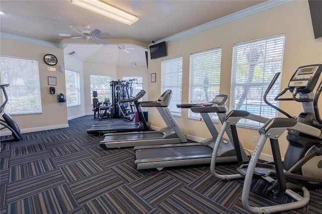 8204 Fan Palm Way, Kissimmee, FL 34747 - workout area with baseboards, carpet, a ceiling fan, and ornamental molding