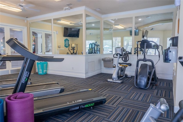 8204 Fan Palm Way, Kissimmee, FL 34747 - workout area featuring ceiling fan, crown molding, carpet flooring, and baseboards