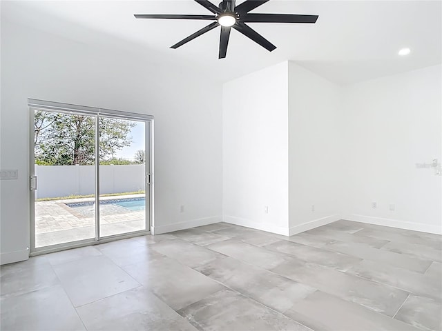 empty room featuring recessed lighting, baseboards, and a ceiling fan