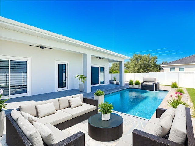 159 Antilla Dr, Rotonda West, FL 33947 - view of swimming pool featuring ceiling fan, an outdoor living space, a fenced backyard, and a patio