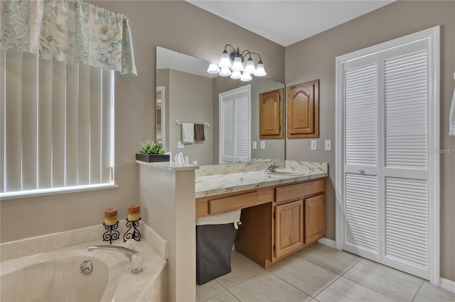 bathroom featuring tile patterned flooring, a closet, vanity, and a bath