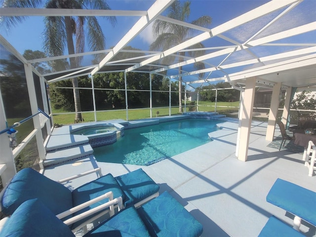 view of pool with a pool with connected hot tub, a patio, and a lanai