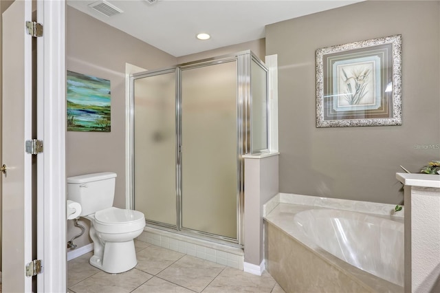 full bathroom with a garden tub, toilet, tile patterned flooring, visible vents, and a stall shower