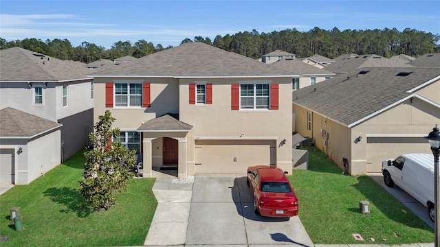 traditional-style home featuring a shingled roof, a front yard, stucco siding, a garage, and driveway