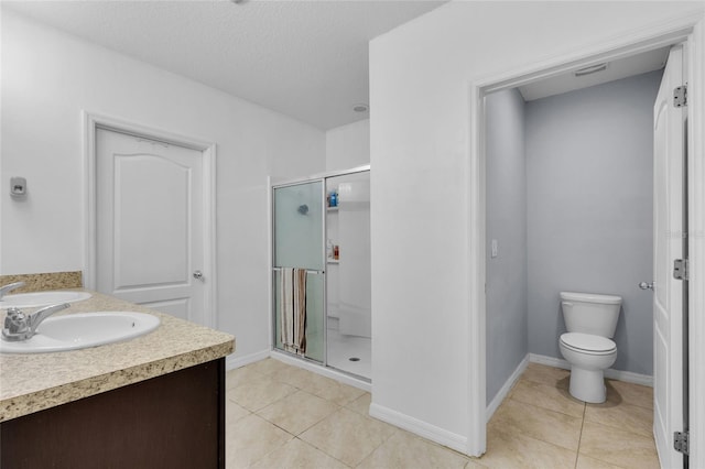 full bath featuring tile patterned floors, toilet, a shower stall, and a sink