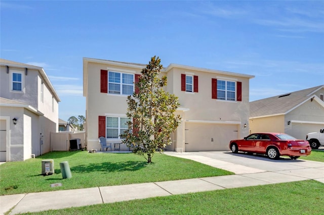 view of front of house featuring stucco siding, concrete driveway, a front yard, a garage, and central AC unit