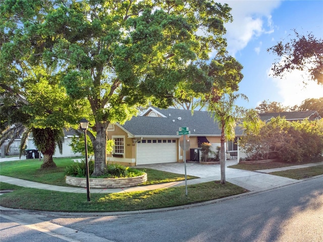 ranch-style house featuring concrete driveway, a front lawn, an attached garage, and stucco siding