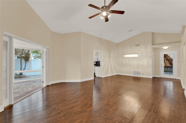 unfurnished living room with dark wood-style floors, high vaulted ceiling, visible vents, and baseboards