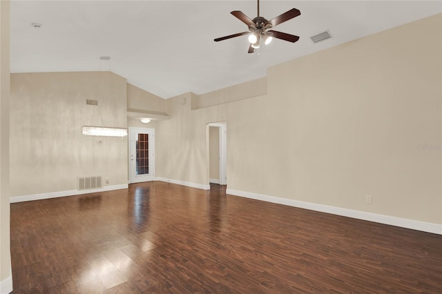 unfurnished living room featuring ceiling fan, dark wood-type flooring, visible vents, and baseboards