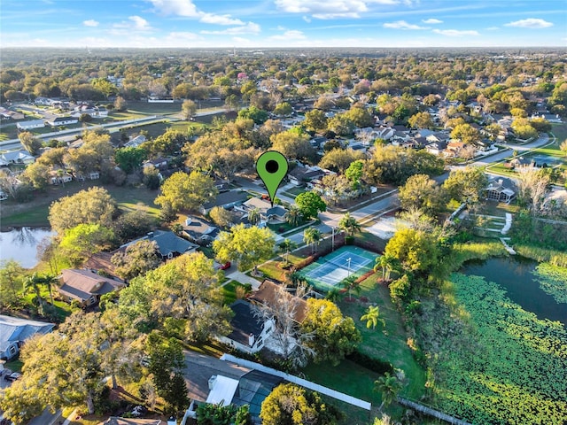 bird's eye view with a water view