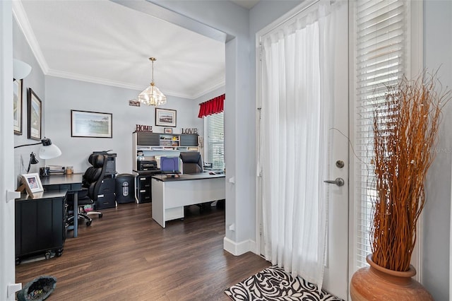 3304 Cat Brier Trl, Harmony, FL 34773 - office space featuring dark wood-style floors, ornamental molding, and a chandelier