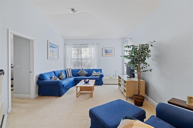 3304 Cat Brier Trl, Harmony, FL 34773 - living room featuring light colored carpet, visible vents, vaulted ceiling, and baseboards