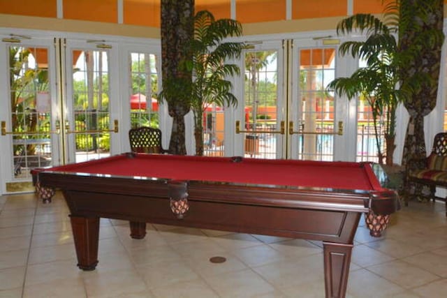 rec room with french doors, billiards, and tile patterned floors