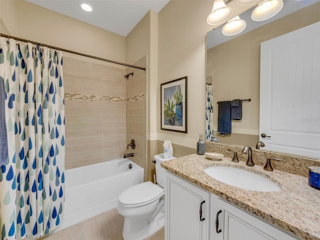 bathroom with shower / tub combo, vanity, and toilet