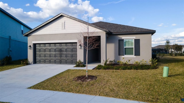 view of front of home with a shingled roof, concrete driveway, an attached garage, a front yard, and stucco siding