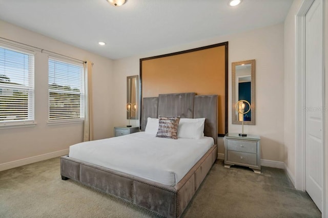 bedroom featuring carpet floors, baseboards, and recessed lighting