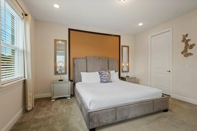 bedroom featuring baseboards, carpet flooring, and recessed lighting