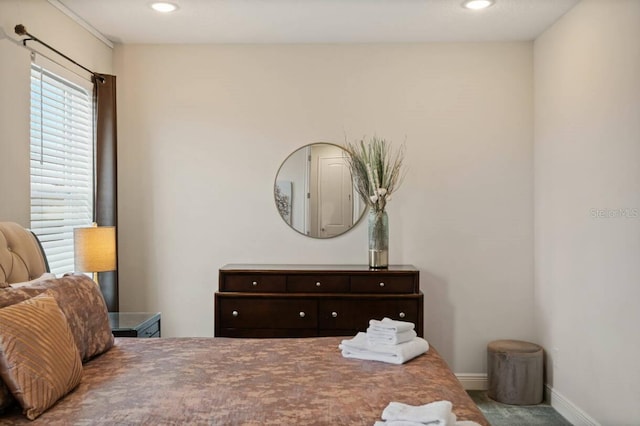 bedroom with recessed lighting, carpet flooring, and baseboards