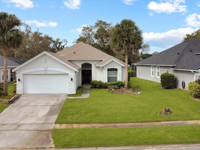 1718 Golfview Dr, Kissimmee, FL 34746 - single story home with a shingled roof, concrete driveway, an attached garage, a front lawn, and stucco siding