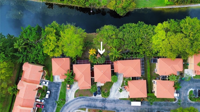 aerial view with a water view and a residential view