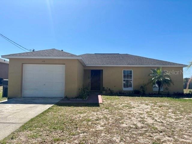 ranch-style house with driveway, roof with shingles, an attached garage, and stucco siding