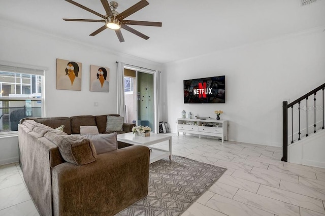 living room with stairway, baseboards, marble finish floor, and crown molding