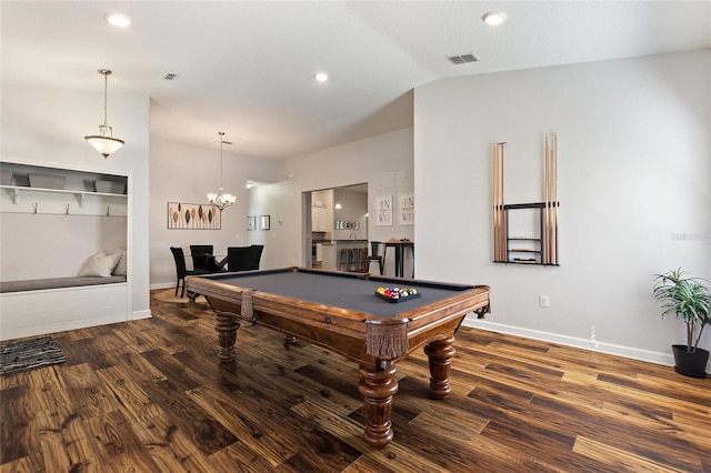 recreation room with billiards, baseboards, visible vents, wood finished floors, and vaulted ceiling