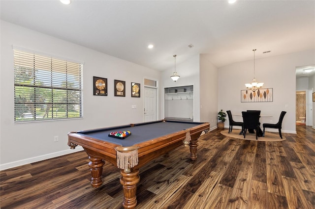 game room featuring lofted ceiling, baseboards, dark wood finished floors, and pool table