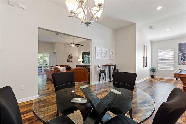 dining space with baseboards, visible vents, a ceiling fan, wood finished floors, and recessed lighting