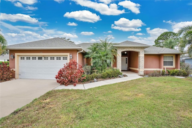 ranch-style home featuring a garage, a front yard, driveway, and stucco siding