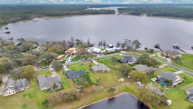 aerial view featuring a water view and a residential view