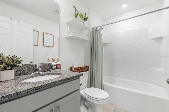 full bathroom with shower / bath combination with curtain, visible vents, toilet, vanity, and tile patterned flooring