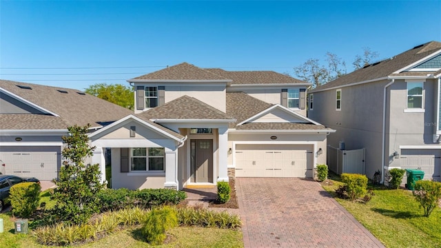 view of front facade featuring stucco siding, a shingled roof, decorative driveway, and a garage