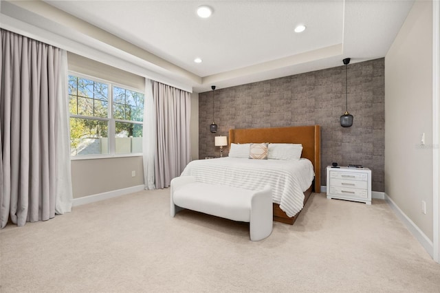 bedroom with recessed lighting, baseboards, carpet, and an accent wall