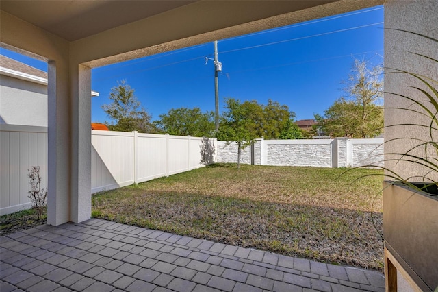 view of yard featuring a fenced backyard and a patio area