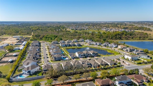 aerial view featuring a water view and a residential view