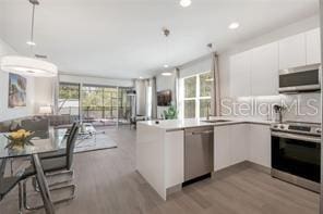 kitchen with modern cabinets, appliances with stainless steel finishes, open floor plan, white cabinets, and wood finished floors