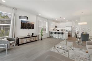 living room featuring recessed lighting and wood finished floors