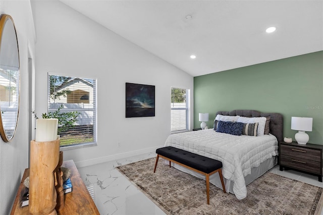 bedroom with vaulted ceiling, marble finish floor, recessed lighting, and baseboards