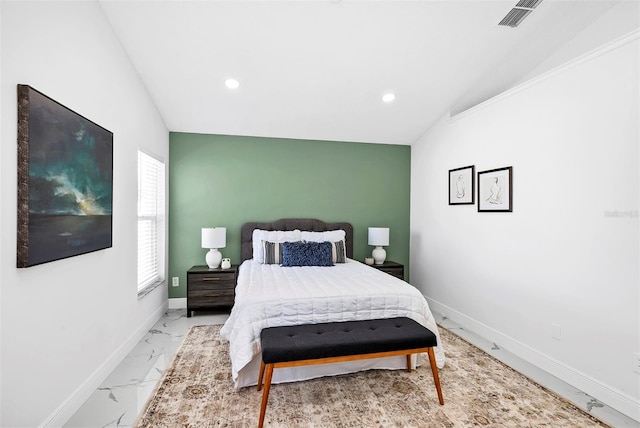 bedroom featuring marble finish floor, recessed lighting, visible vents, and baseboards