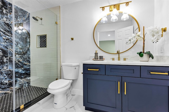 full bath featuring marble finish floor, toilet, vanity, baseboards, and walk in shower