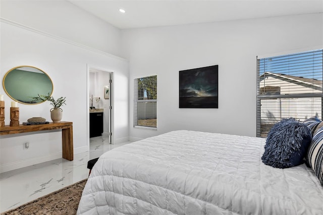 bedroom with marble finish floor, ensuite bath, baseboards, and recessed lighting